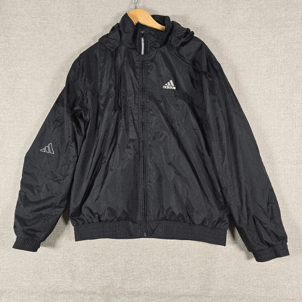 Vintage Adidas Windbreaker Jacket Mens Medium Black Hooded Zip‎ Nylon Coat 04/01
